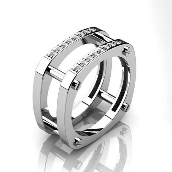 ▶Square Glitter Zircon Double Layer Silver Plated Ring for Men, L187 - Picture 1 of 6